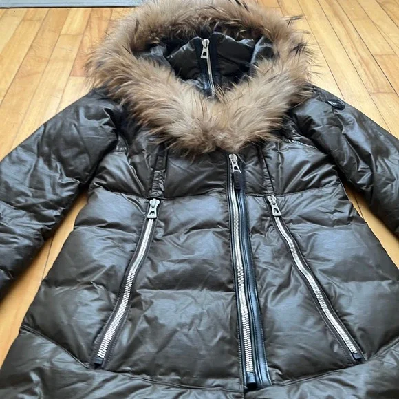 Rudsak Brown Down Puffer Coat Real Fur Trim Hooded Parka Jacket Womens Small - Picture 8 of 11